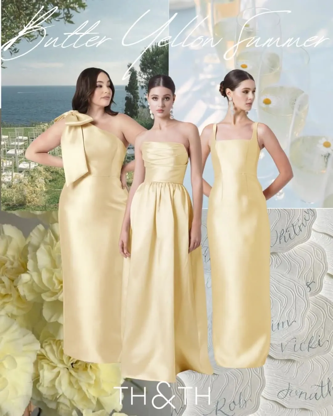 Three bridesmaids in butter-yellow satin gowns, from the TH&TH Butter Yellow Summer campaign